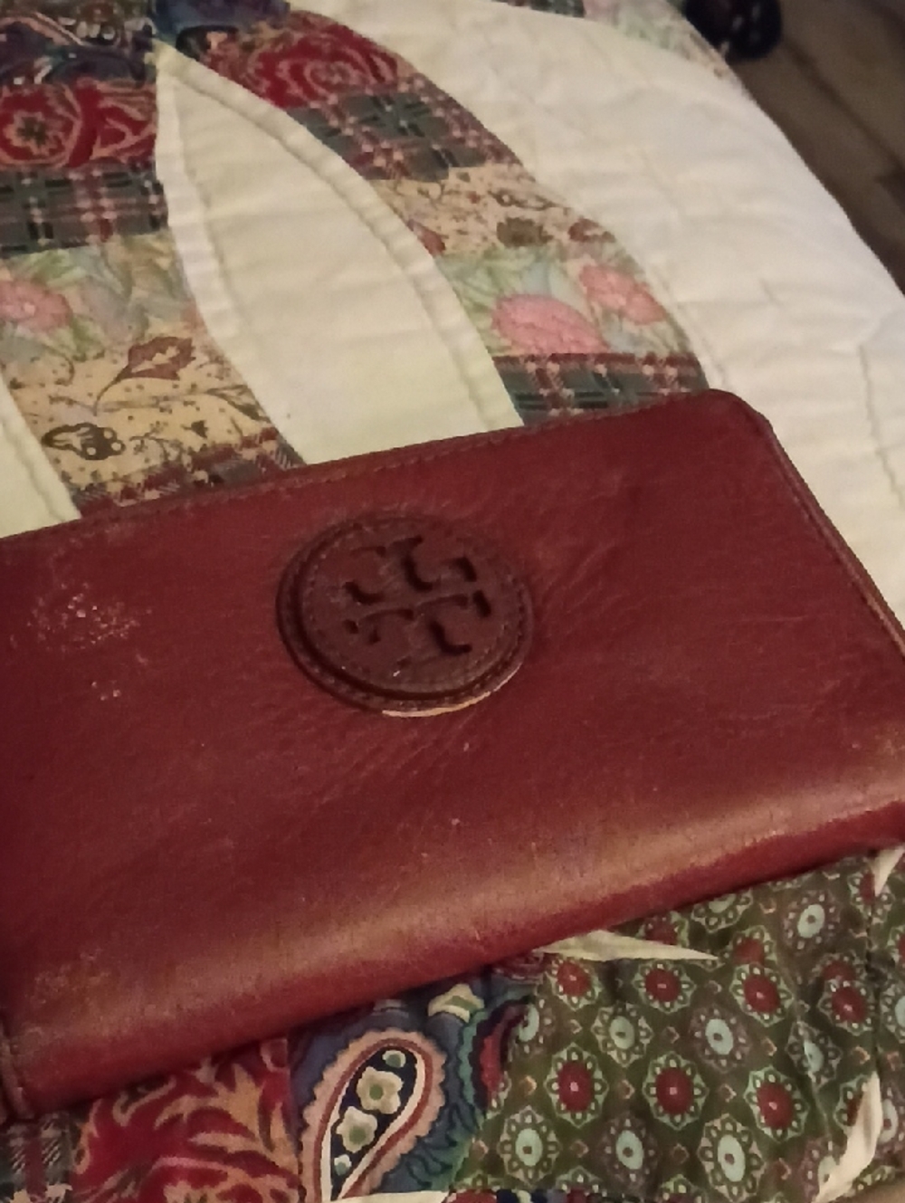 Tory Burch Red Leather Zip Wallet with Embossed Logo